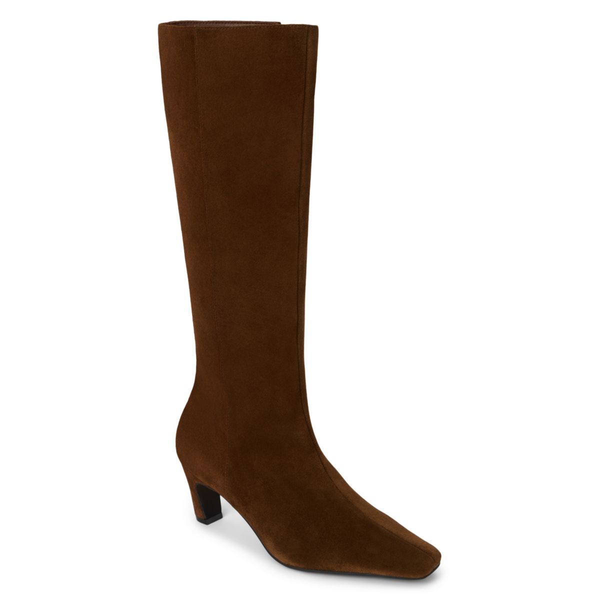 Simple knee high boot with architectural heel.