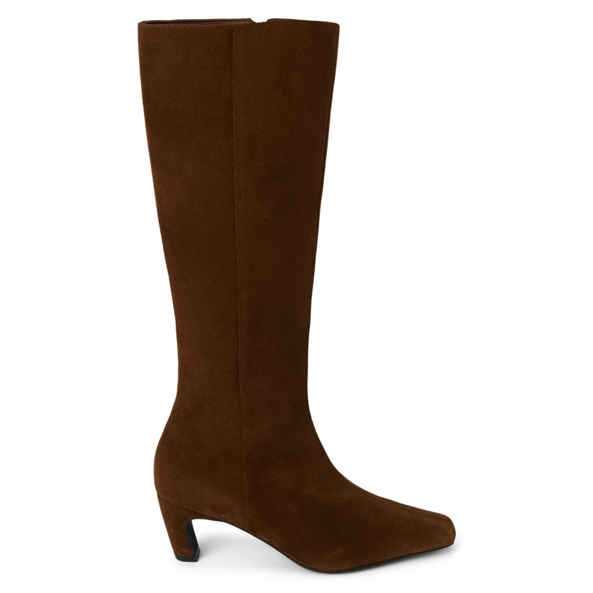 Simple knee high boot with architectural heel.