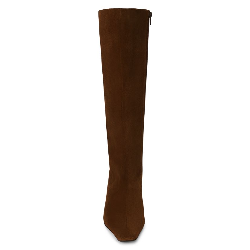 Simple knee high boot with architectural heel.