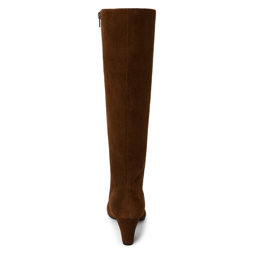 Simple knee high boot with architectural heel.