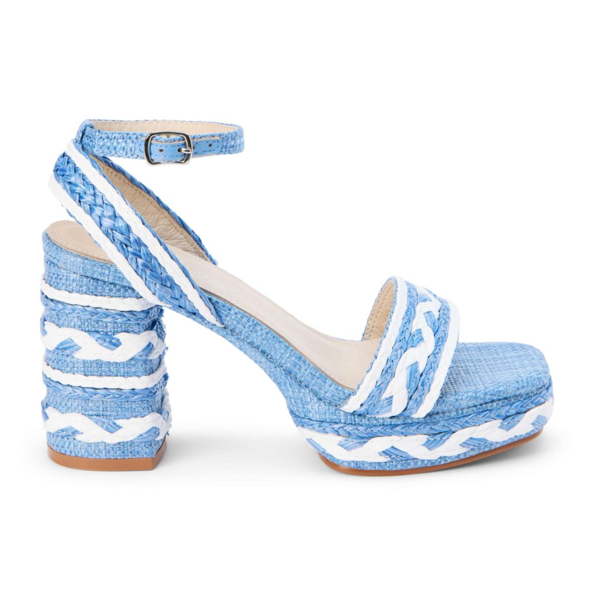 Platform, heeled sandal with ankle strap.