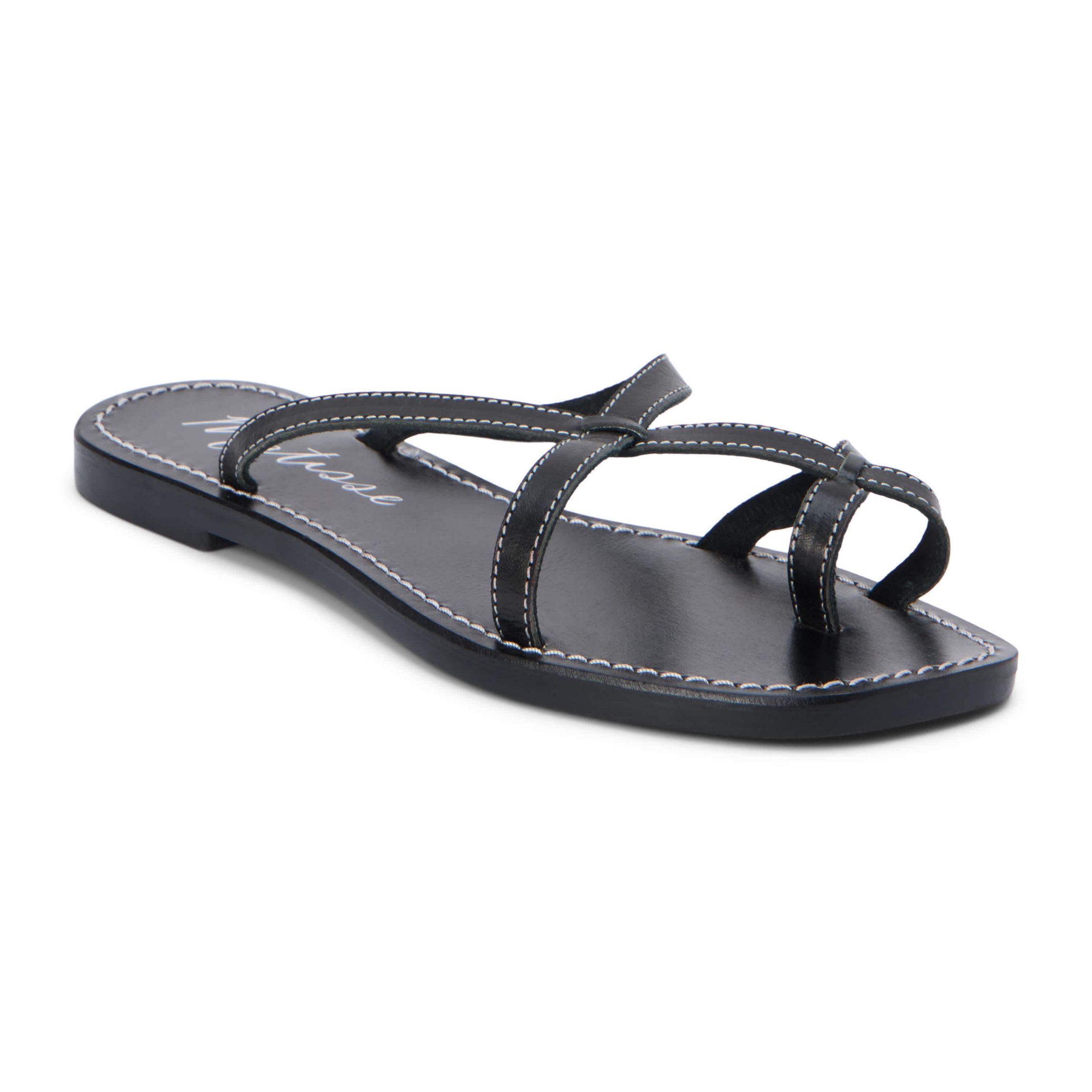 Flat sandal with criss-cross straps and toe thong.