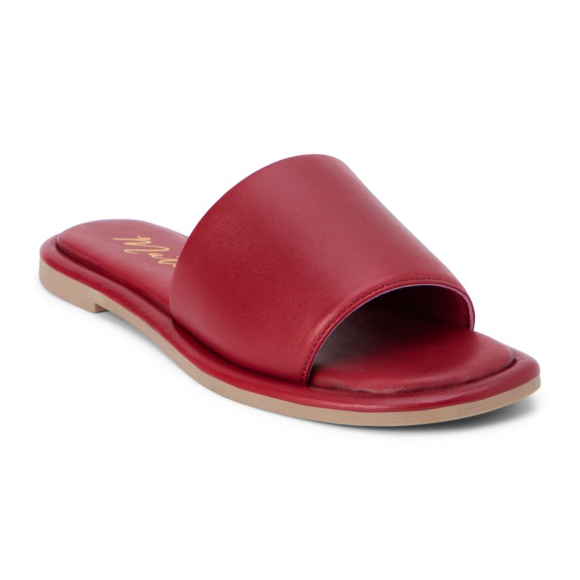 Flat sandal with puffy, one band upper.