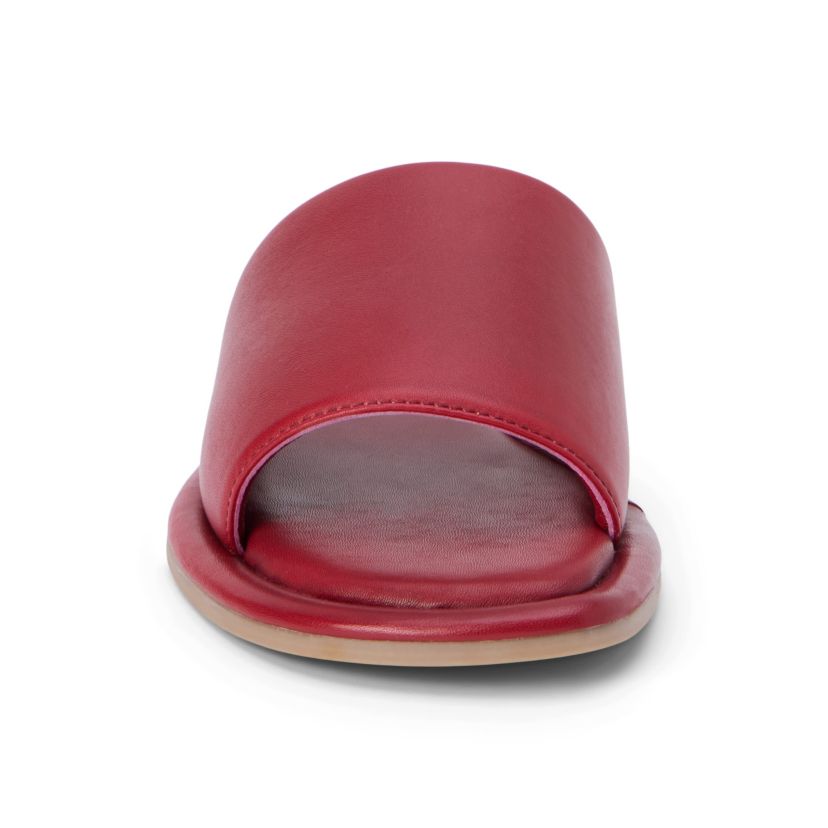Flat sandal with puffy, one band upper.