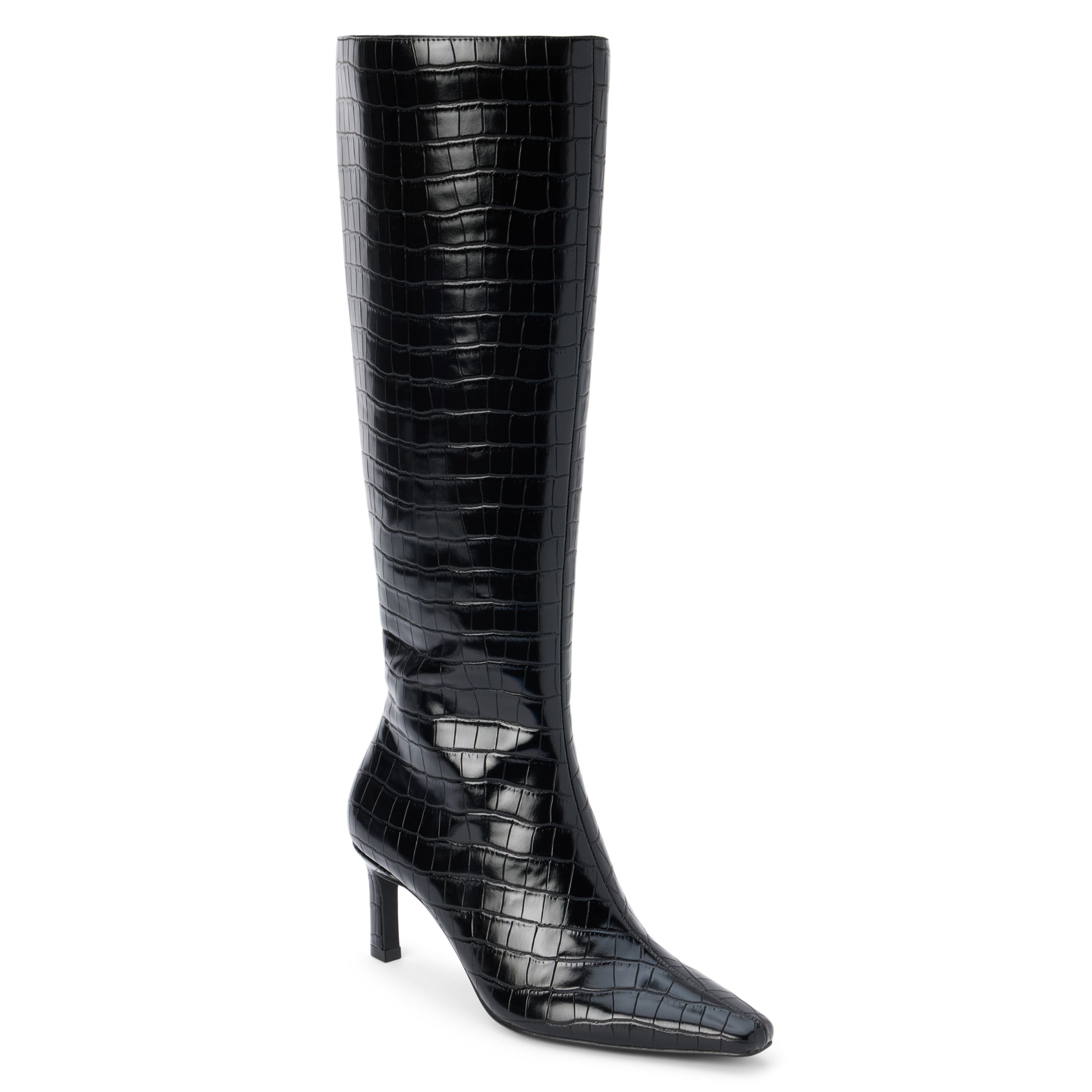 Vegan pointed toe knee high boot with exotic embossing.