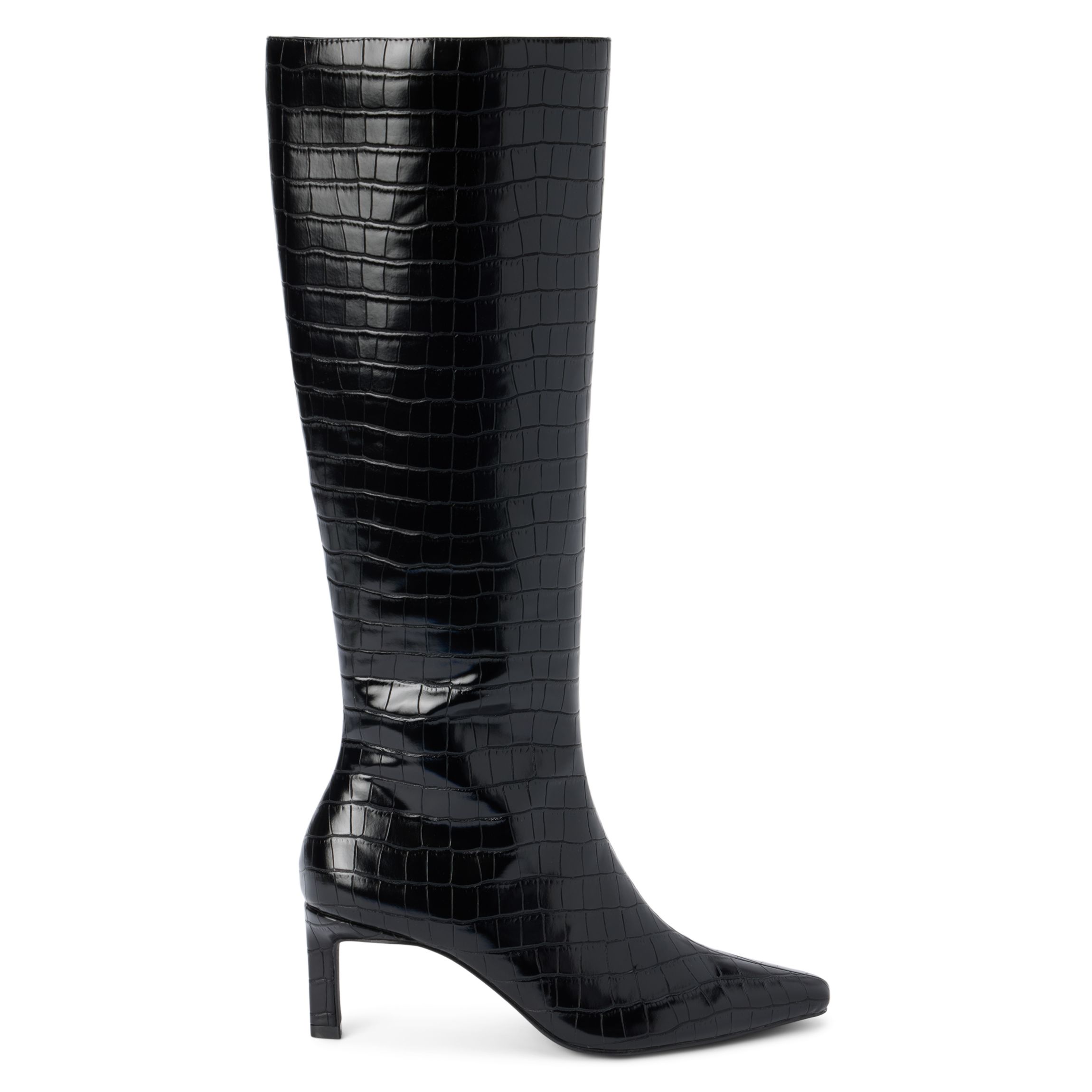 Vegan pointed toe knee high boot with exotic embossing.
