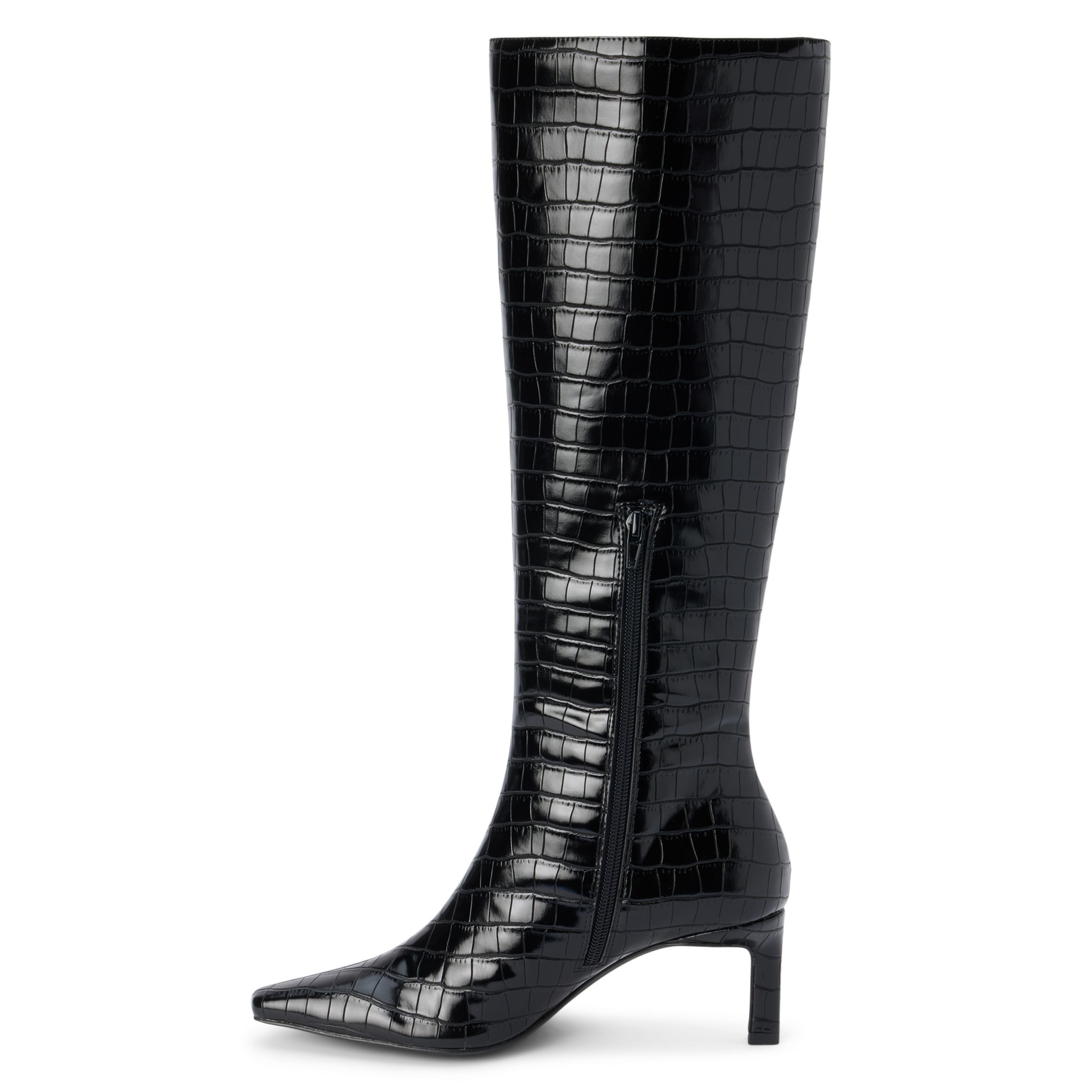 Vegan pointed toe knee high boot with exotic embossing.