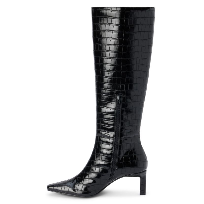 Vegan pointed toe knee high boot with exotic embossing.