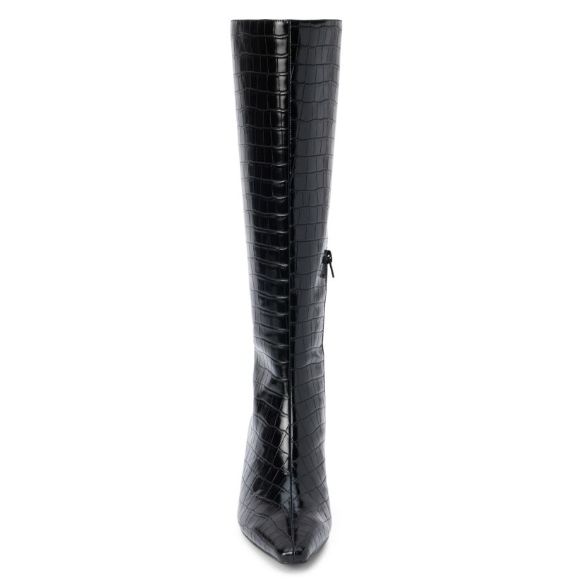 Vegan pointed toe knee high boot with exotic embossing.