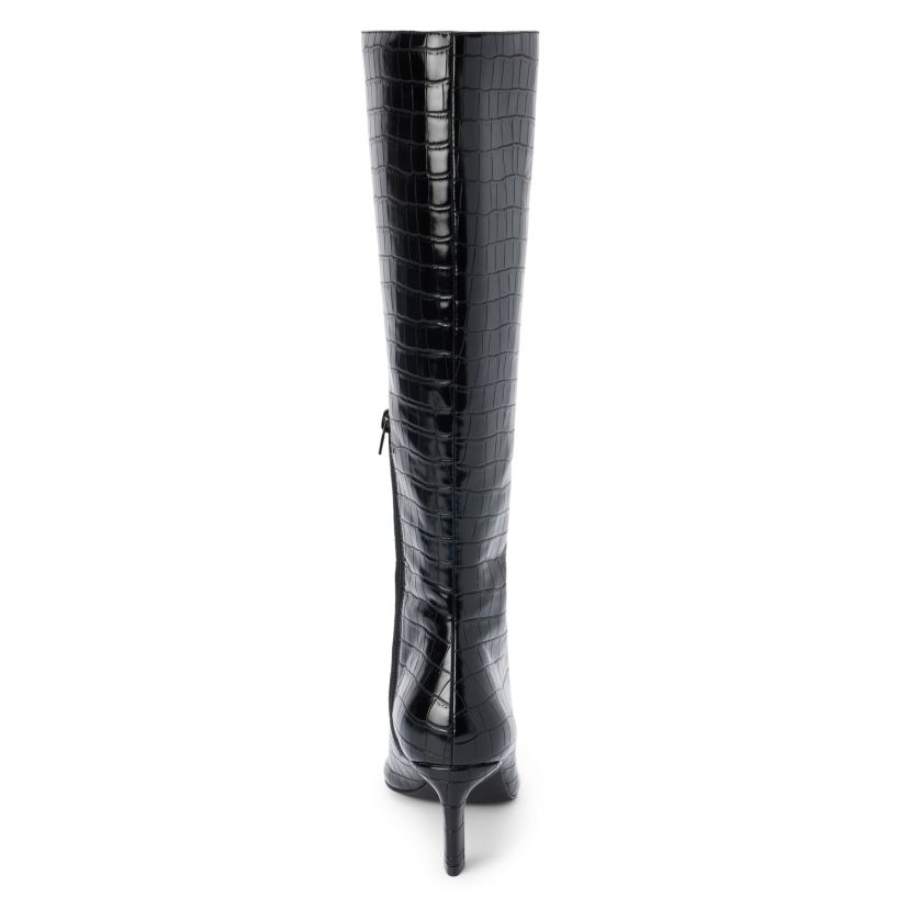 Vegan pointed toe knee high boot with exotic embossing.