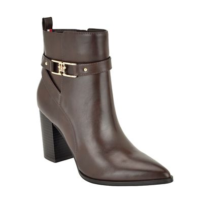 Tommy Hilfiger Women's Midna Pointy Toe Block Heel Buckle Dress Booties, Dark Brown, 6.5M