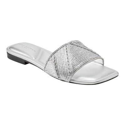 Marc Fisher LTD Women's Murphy Slip-on Square Toe Flat Sandals, Silver, 8.5M