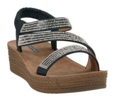 GC Shoes Women's Rhinestone Strap Wedge Sandal, Black, 10M