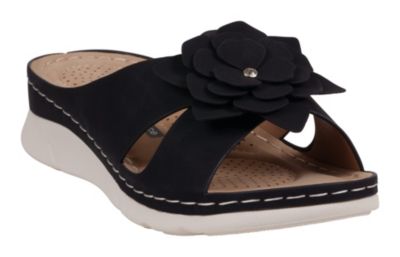 GC Shoes Women's Floral Accent Low Wedge Sandal, Black, 6M