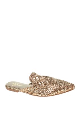 gold woven mules