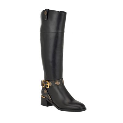 Guess Women's Eveda Block Heel Buckle Detailed Riding Boots, Black, 8.5M -  0196826836357