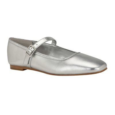 Calvin Klein Women's Greto Square Toe Adjustable Strap Dress Flats, Silver, 8.5M