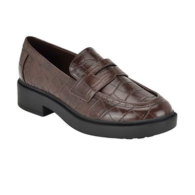 Calvin Klein Women's Otinya Almond Toe Slip-on Casual Loafers, Dark Brown, 11M