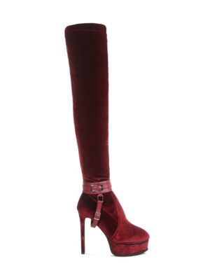 Rag&Co Women's Bison High Heeled Long Velvet Boots, Burgundy, 9M