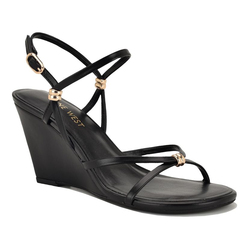 black dress wedge sandals Nine West Deklyn Round Toe Strappy Size:US-German size 18-50 T.la Dress Gold Ship Black Dress strengthens and tones