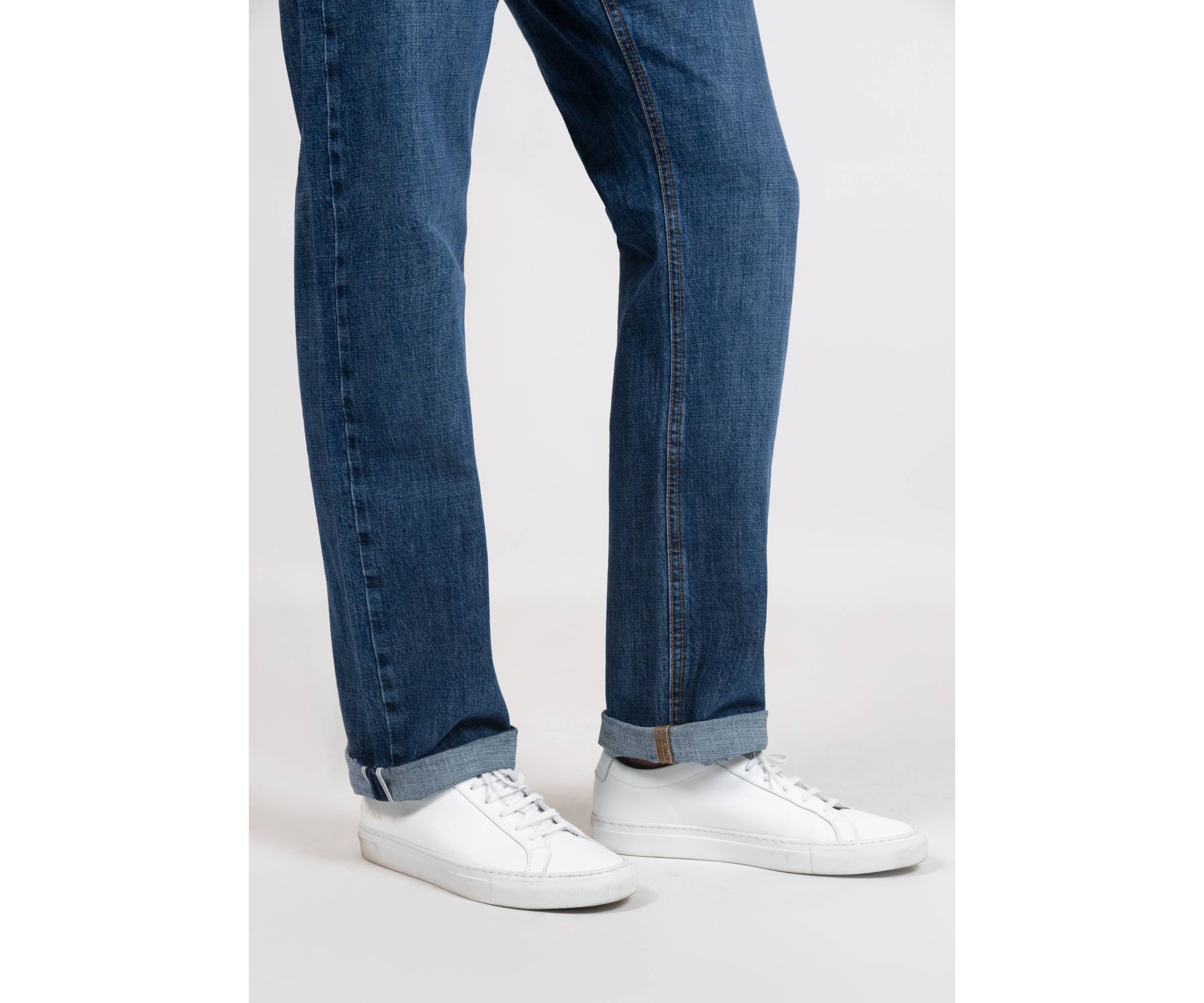 Blue Medium Rinse Wash Slim Straight Selvedge Jeans - Stud