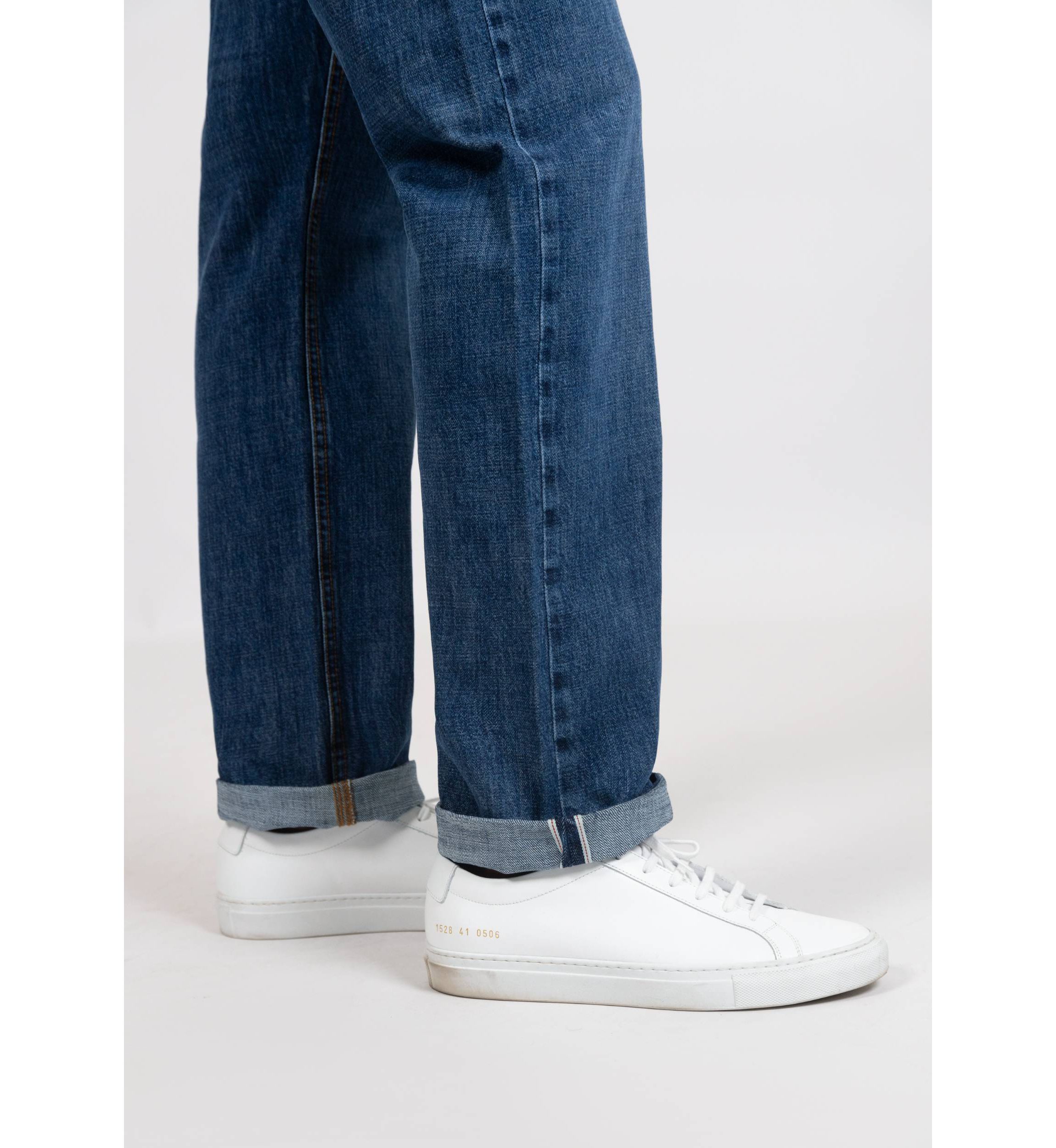 Blue Medium Rinse Wash Slim Straight Selvedge Jeans - Stud
