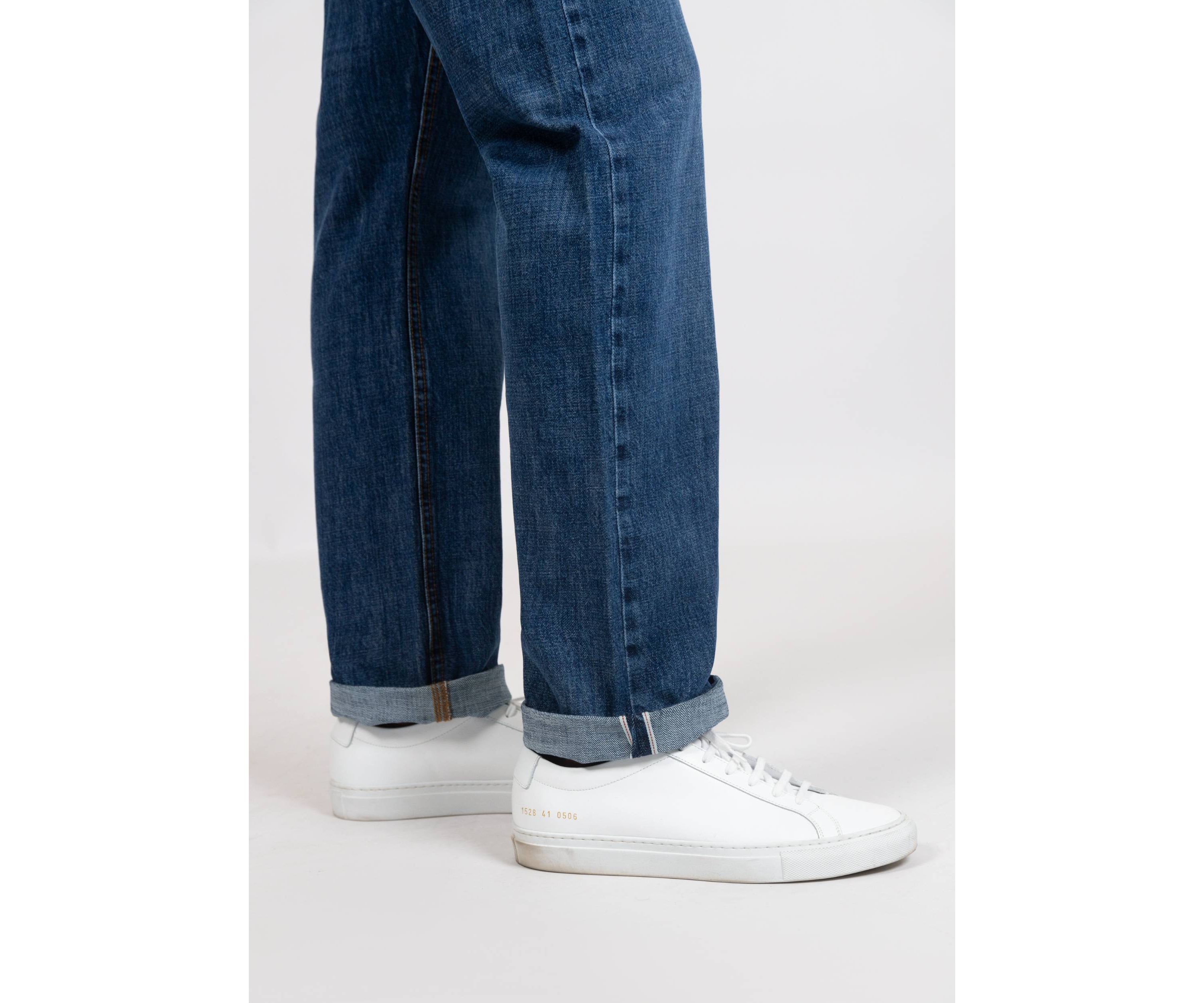 Blue Medium Rinse Wash Slim Straight Selvedge Jeans - Stud