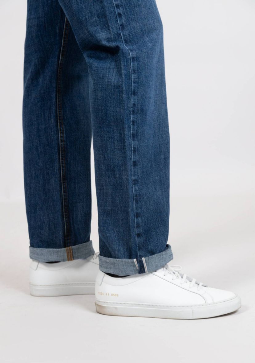 Blue Medium Rinse Wash Slim Straight Selvedge Jeans - Stud
