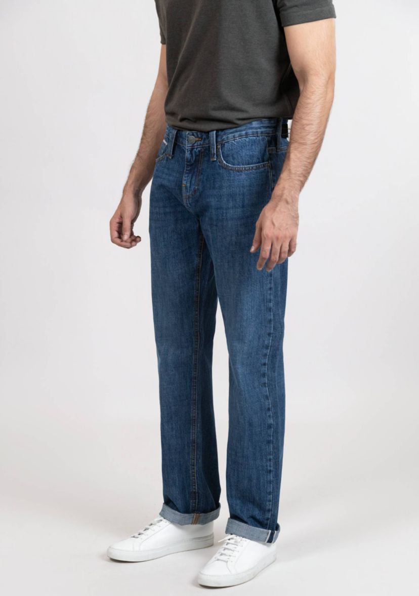 Blue Medium Rinse Wash Slim Straight Selvedge Jeans - Stud