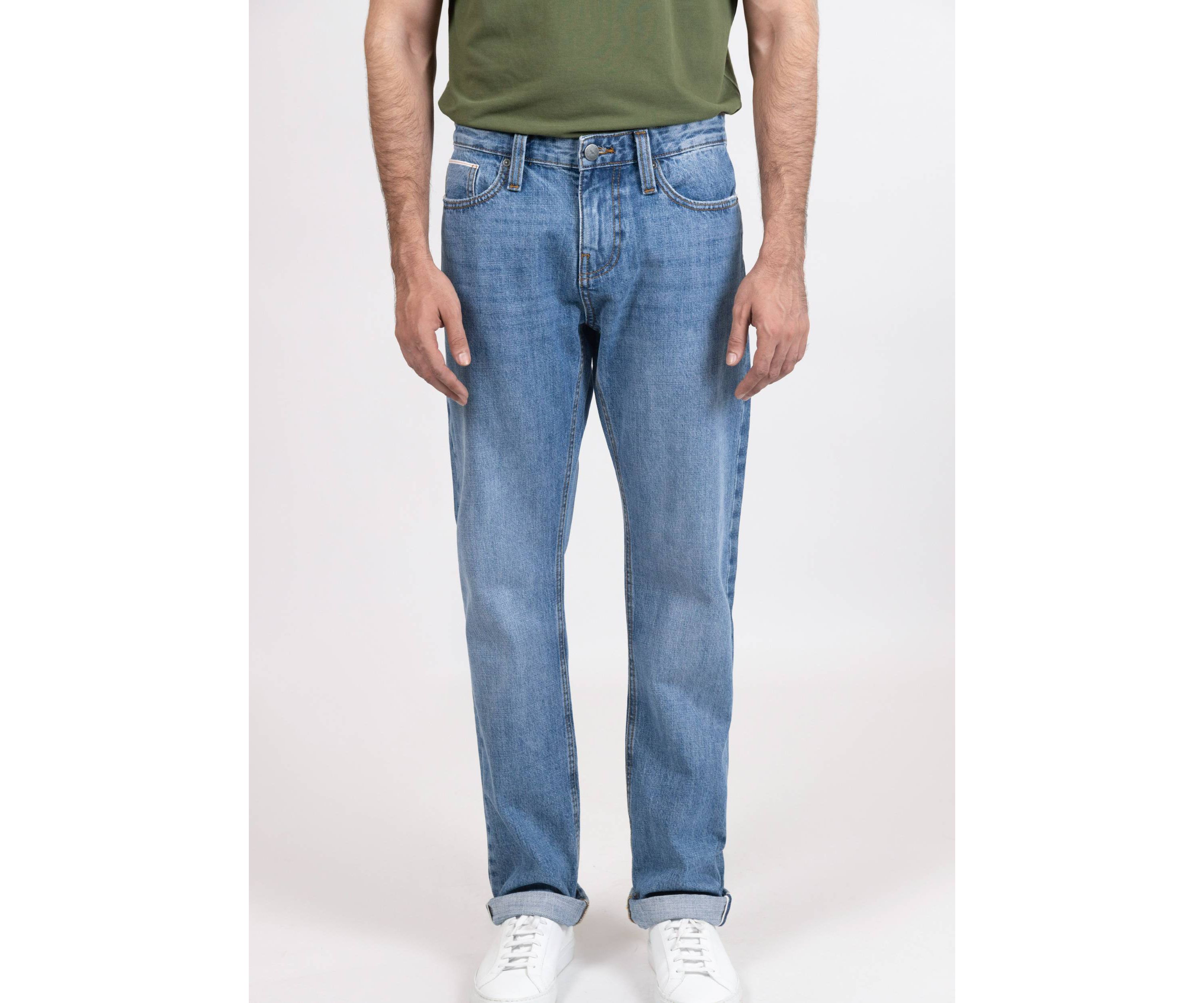 Light Medium Wash Slim Straight Selvedge Jeans - Stud