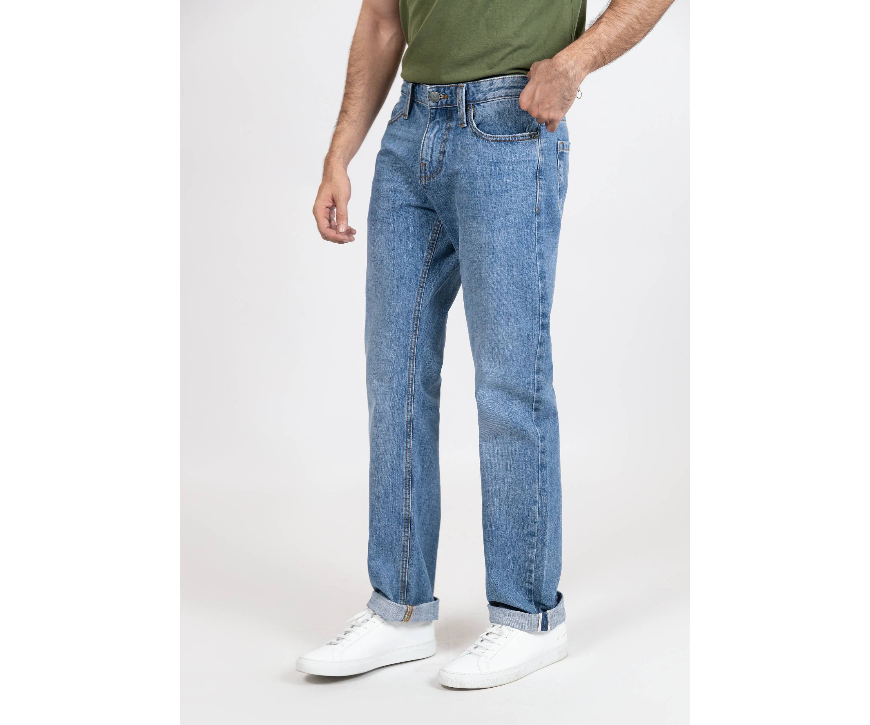 Light Medium Wash Slim Straight Selvedge Jeans - Stud
