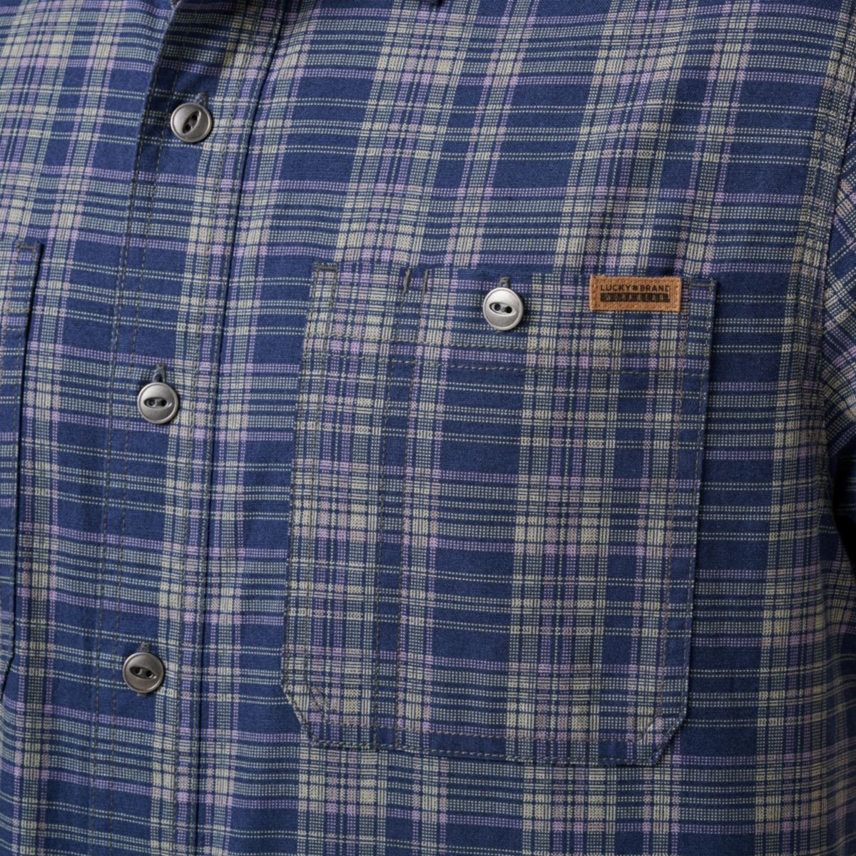 Mens Lucky Brand Workwear Short Sleeve Printed Cotton Slub Plaid Workshirt