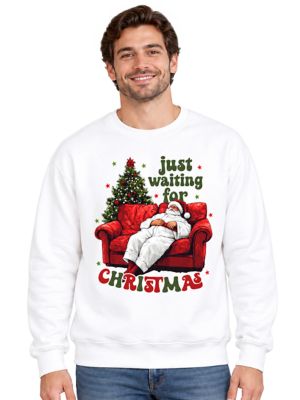 OrnamentallyYou Men's Just Waiting for Christmas Lazy Santa Couch Sweatshirt, White, 3XL