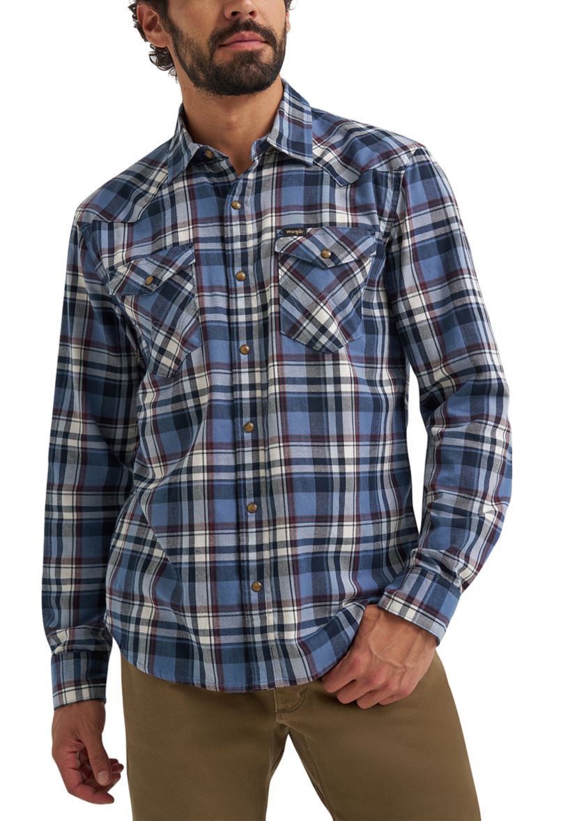 Mens Long Sleeve Broken Twill Plaid Printed Shirt