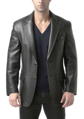 BGSD Men's Two-Button Leather Blazer, Black, 2XL