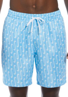 Nike Men's Swoosh Printed 7"" Volley Swim Trunks, Blue, Medium -  0099909850717