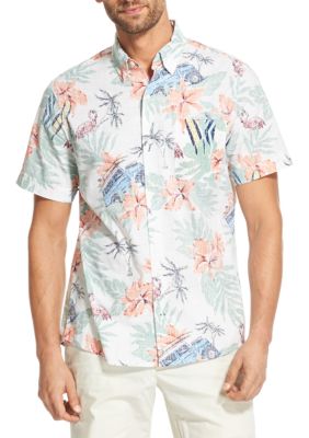 IZOD Slim Fit Short Sleeve Jeep And Flamingo Print Chambray Shirt | belk