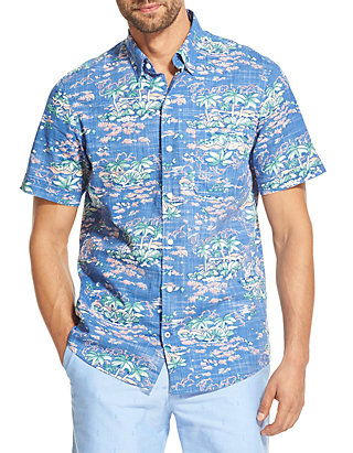 IZOD Mens Big and Tall Saltwater Dockside Chambray Short Sleeve Button Down Pattern Shirt