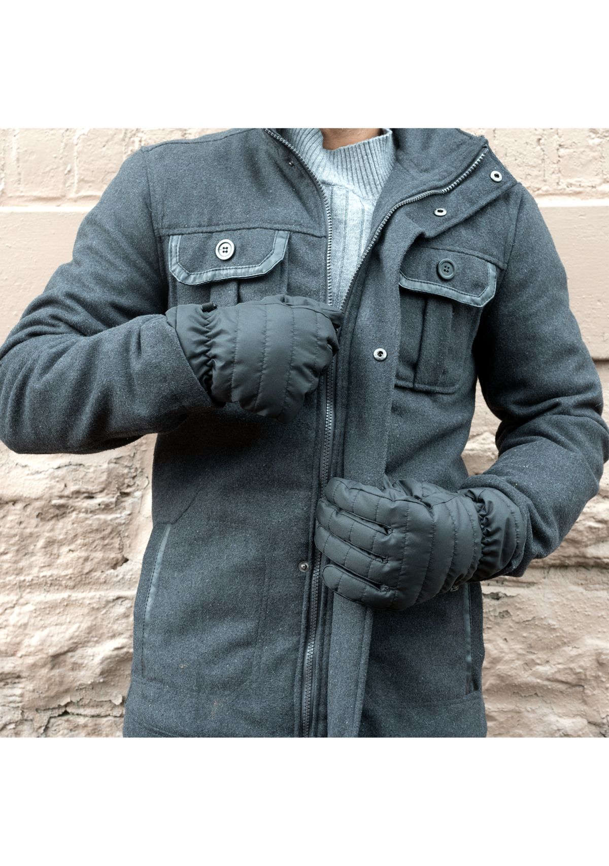  Quilted Pongee Insulated Water Repellent and Touchscreen Gloves with Gathered Wrist and Clips