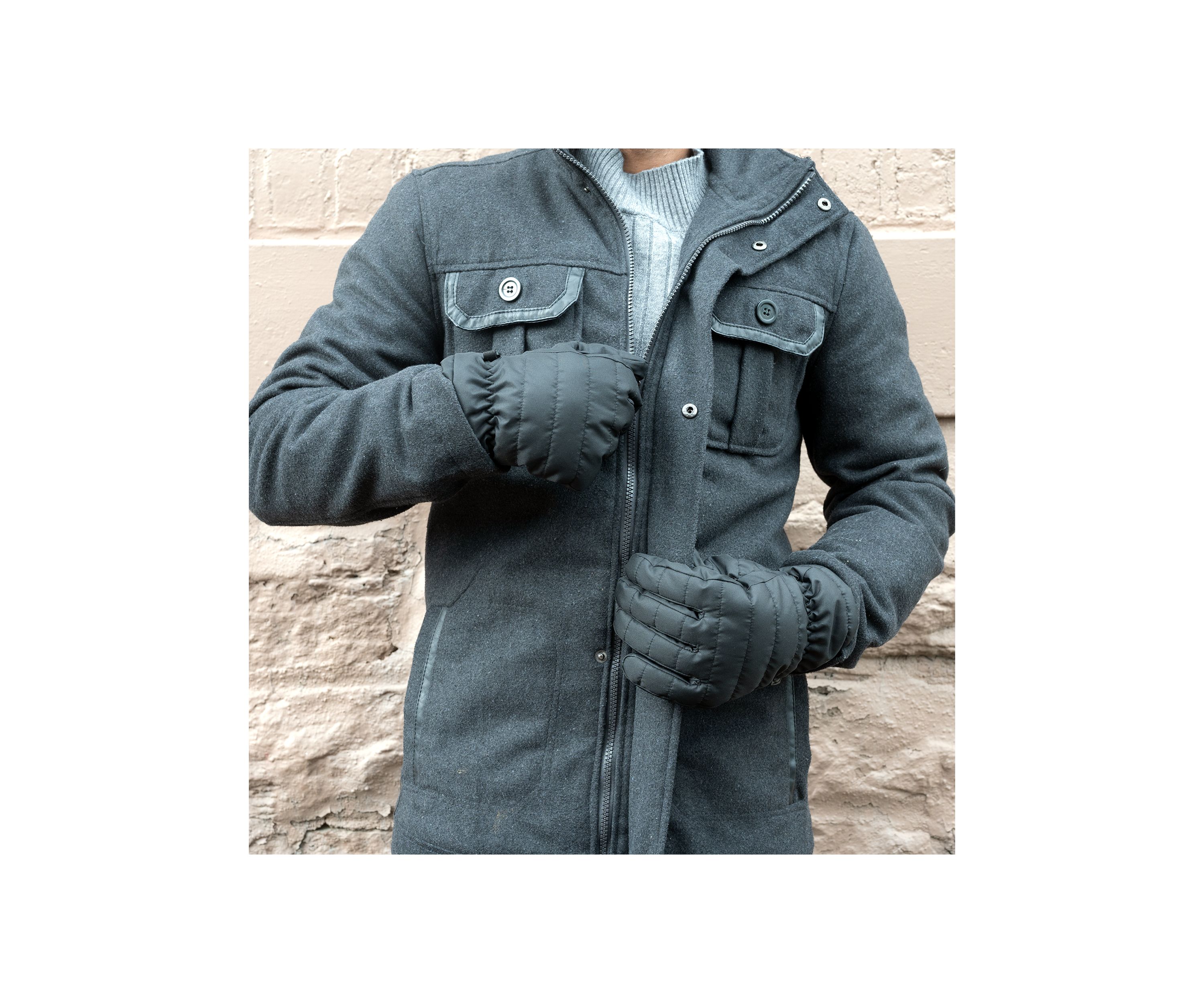  Quilted Pongee Insulated Water Repellent and Touchscreen Gloves with Gathered Wrist and Clips