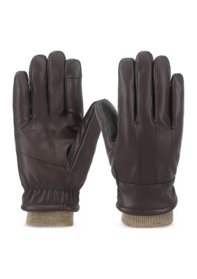 Totes Men's Faux Leather Gloves with Ribbed Cuff, Brown, XL
