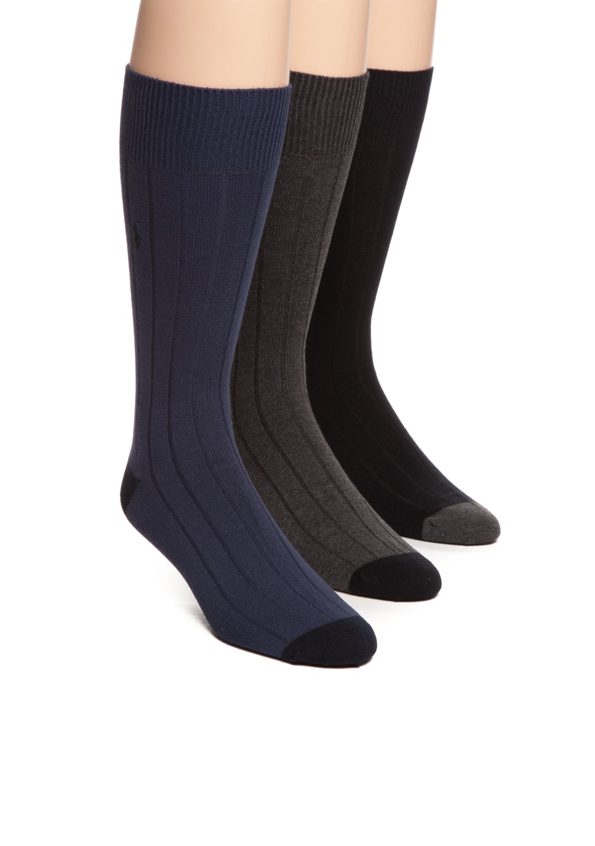  Contrast Heel and Toe Ribbed Crew Socks - 3 Pair