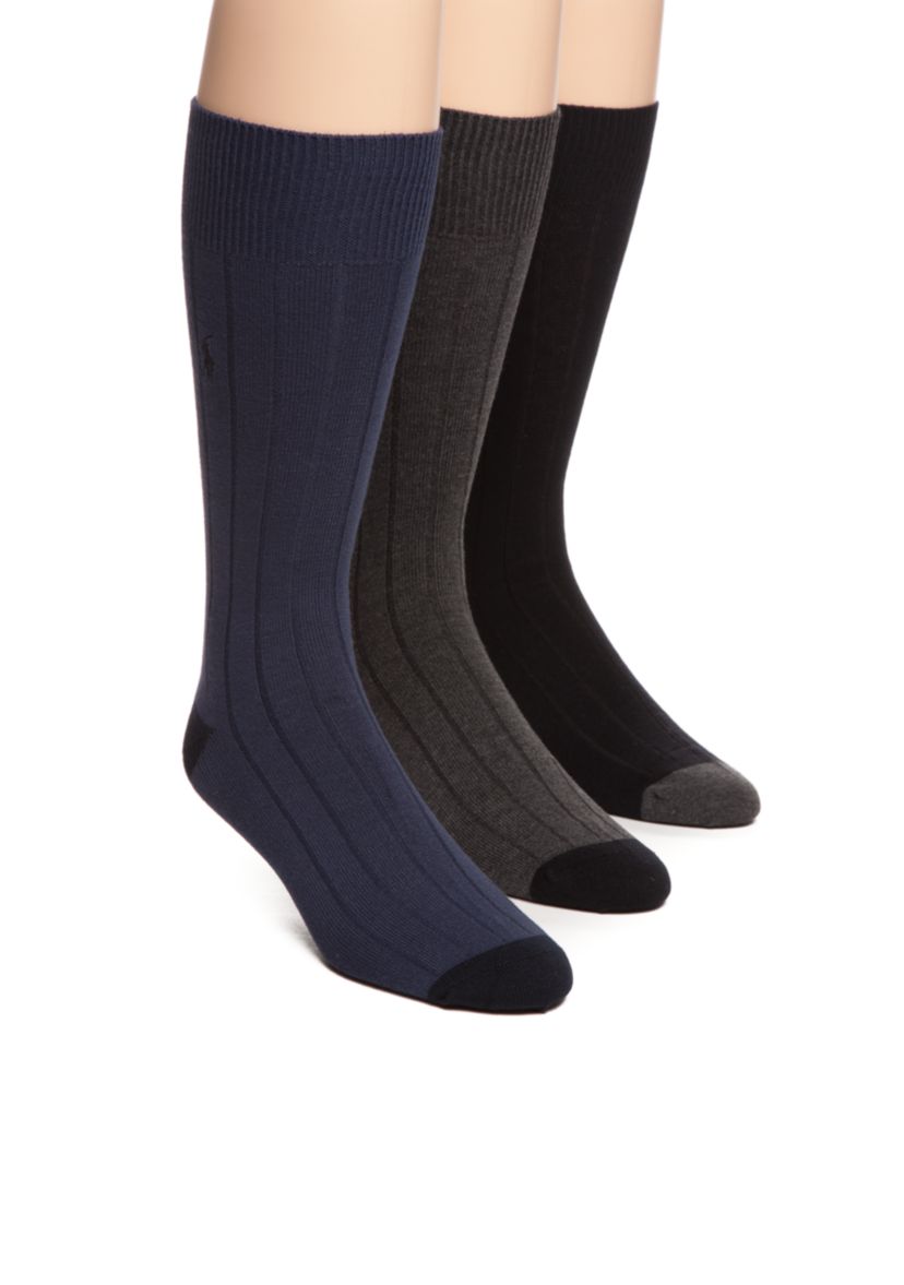  Contrast Heel and Toe Ribbed Crew Socks - 3 Pair