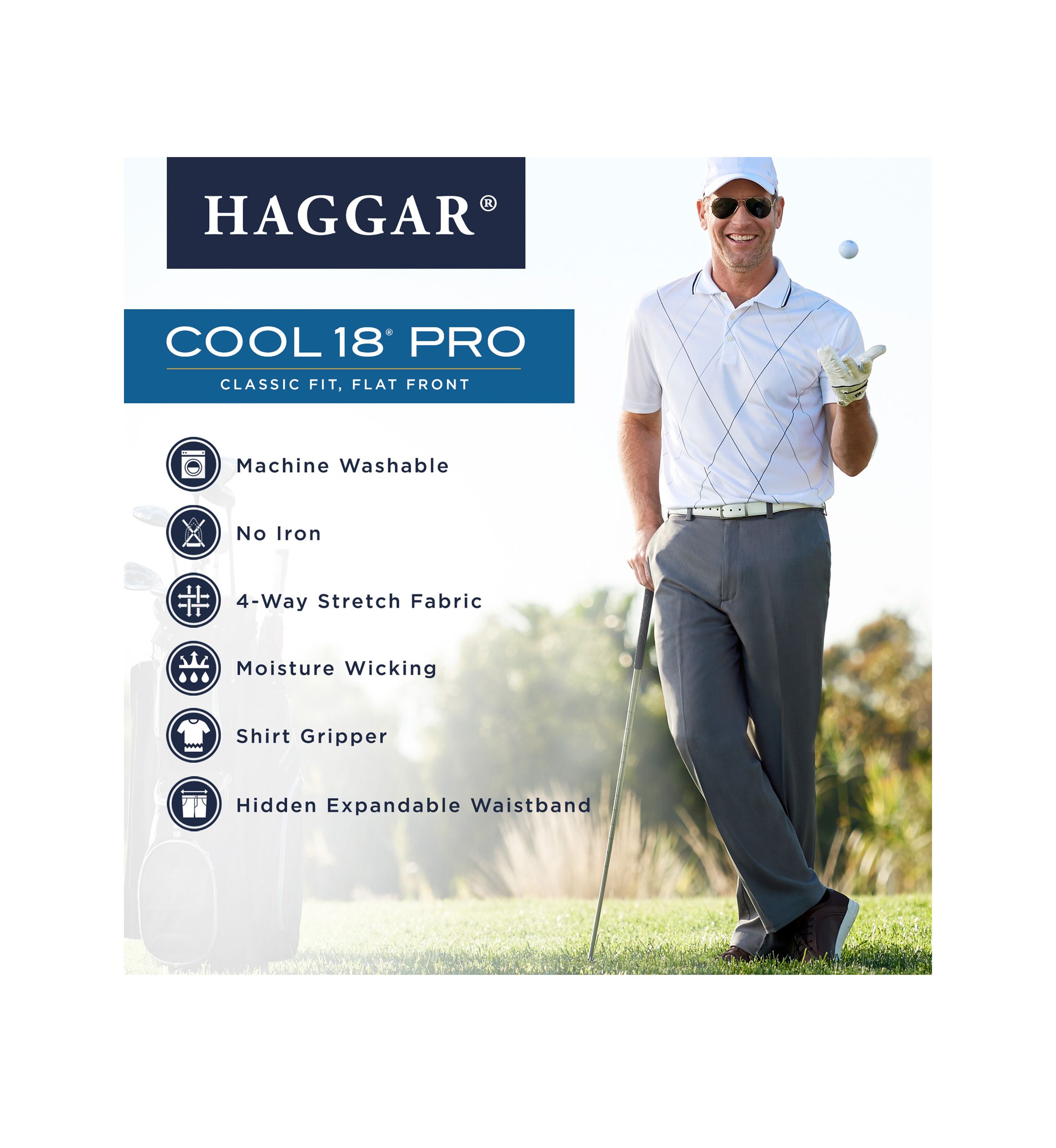 Cool 18 Pro Classic Fit Flat Front Hidden Expandable Waistband Pants