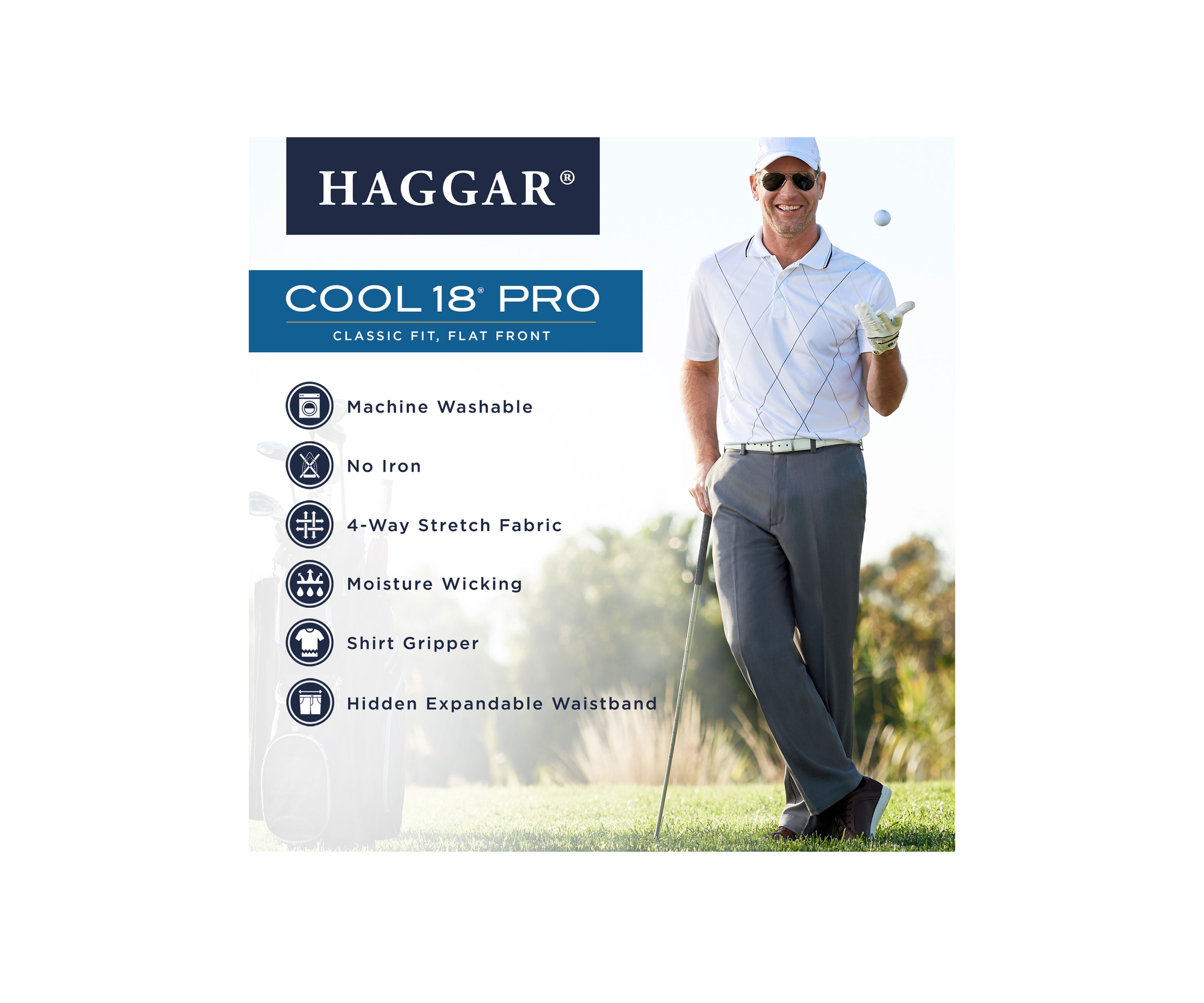 Cool 18 Pro Classic Fit Flat Front Hidden Expandable Waistband Pants