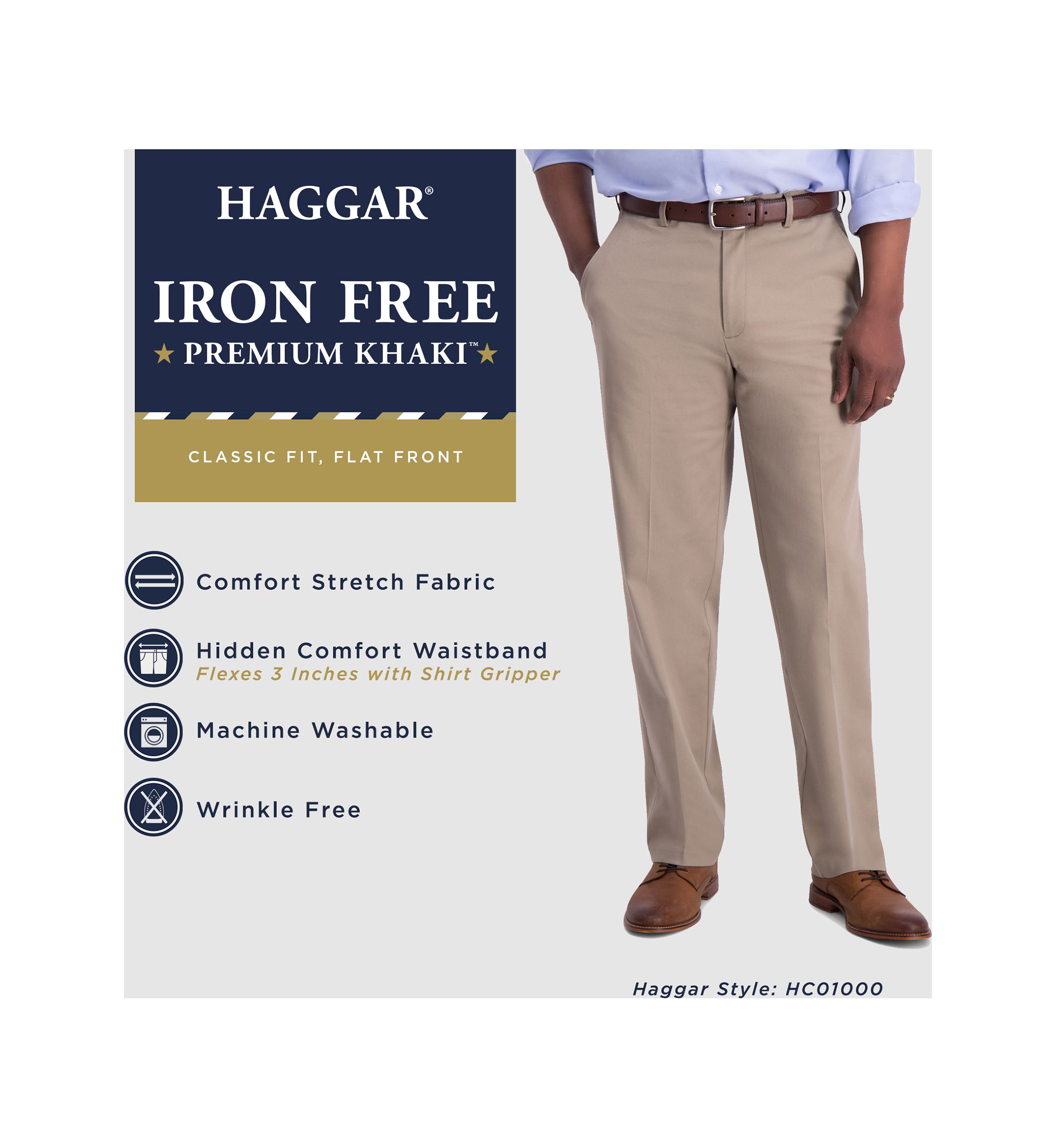 Mens Iron Free Premium Khaki Classic Fit Flat Front Hidden Comfort Waistband Casual Pants