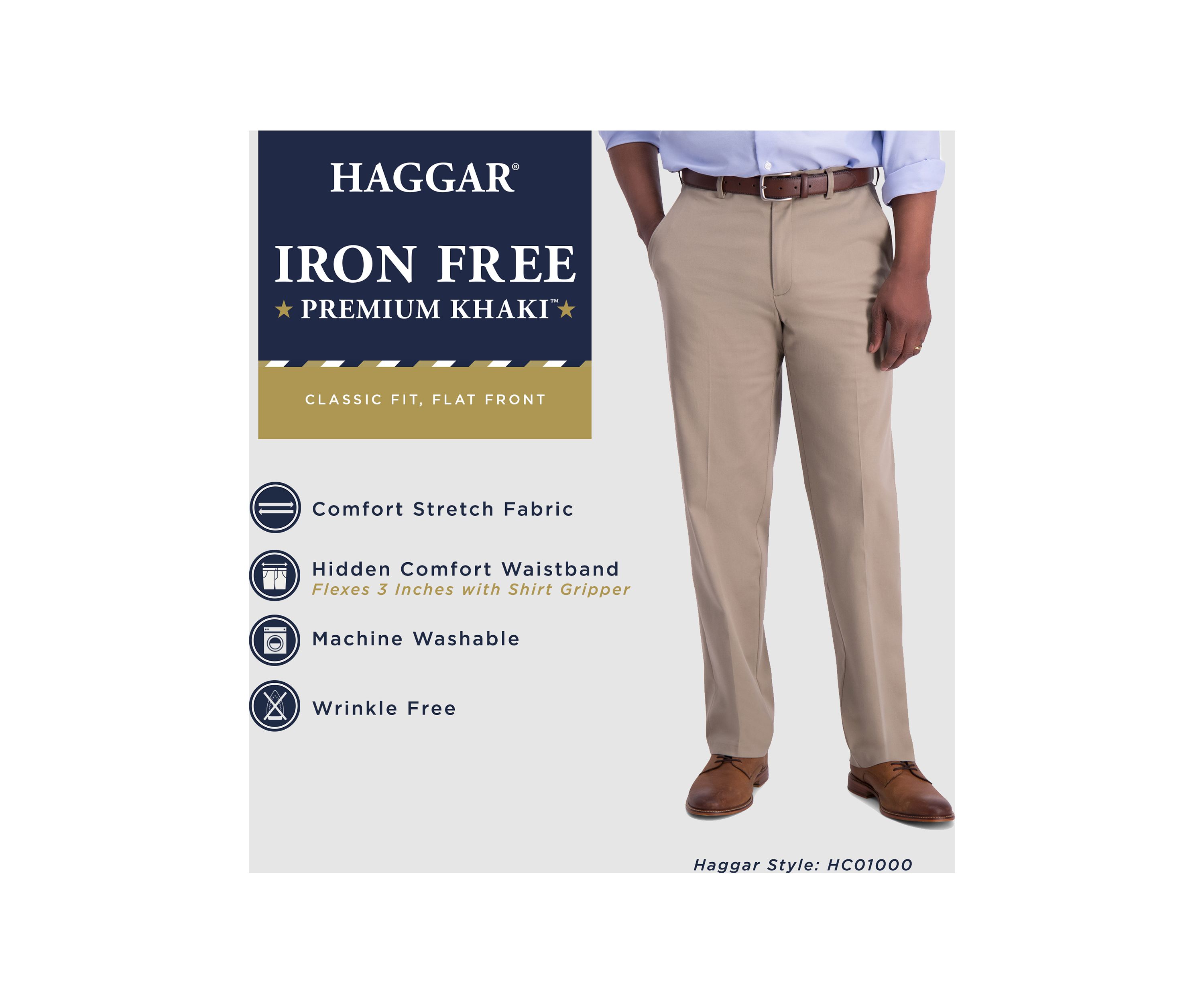 Mens Iron Free Premium Khaki Classic Fit Flat Front Hidden Comfort Waistband Casual Pants