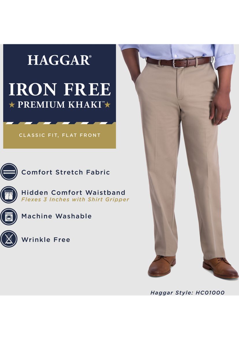 Mens Iron Free Premium Khaki Classic Fit Flat Front Hidden Comfort Waistband Casual Pants