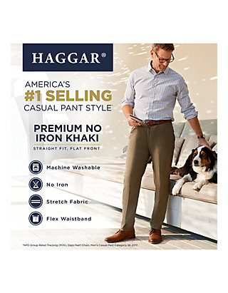 Haggar Mens Premium No Iron Khaki Straight Fit Flex Waistband Flat Front Pant
