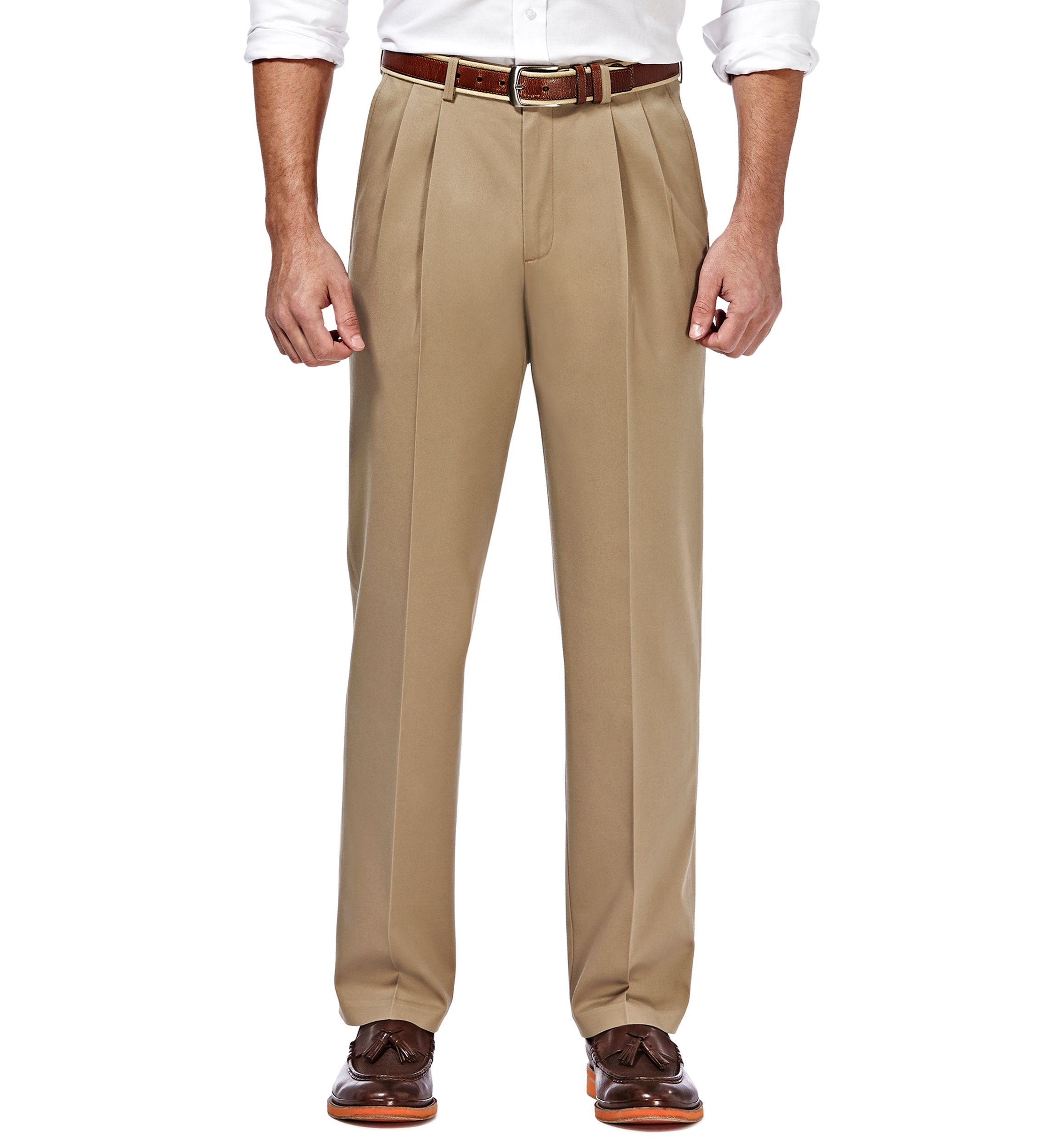 Premium Stretch No Iron Khaki Classic Fit Hidden Expandable Waistband Pleated Pants
